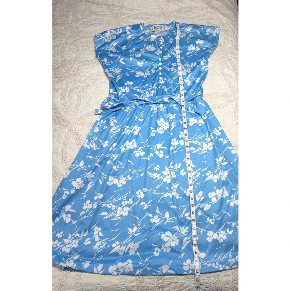 Vintage Haband For Her‎ Midi Dress Blue White Floral Cottagecore Belted Large